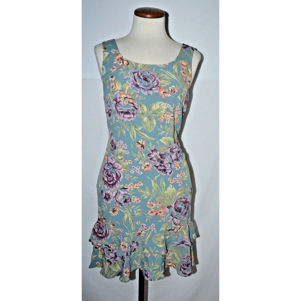 Donna Ricco Petite Dress SZ 2 Sleeveless Tropical Flowers Flouncy Ruffles at Hem